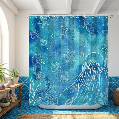 Blue Coastal Seashell Starfish Seahorse Shower Curtain Set 72x72 Inches | Seashell Starfish Seahorse Coastal Print, Coastal Beach Home Guest Housewarming Ocean Lover Bath Decor, With Fabric Hooks