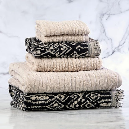SKL Home CloudSoft/Nador Bath Towel Set-6pc, 100% Cotton, Oatmeal/Black | 2 Bath towels, 2 hand towels, 2 washcloths. 600 GSM. Soft & absorbent, reversible jacquard. Premium spa-level quality.