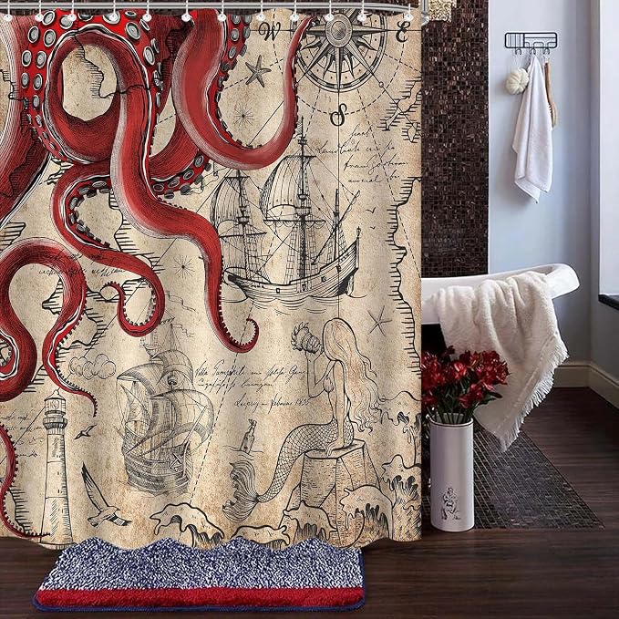 Fungarth Long Vintage Red Nautical Octopus Shower Curtain Mermaid Funny Ocean Kraken Shower Curtains for Bathroom Cool Anchor Coastal Map Waterproof Fabric Bath Curtain Decor (Retro1, 72” x 78”)