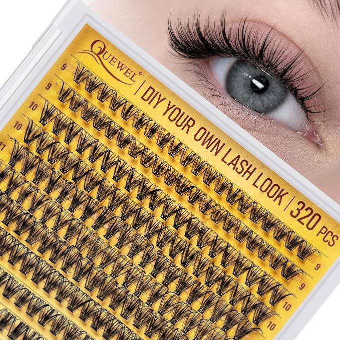 QUEWEL Lash Clusters 320Pcs 30D D Curl Lash Cluster Eyelash Extensions | Cluster Lashes Mix9-16mm Individual Eyelashes Clusters Wispy Lash Clusters Thin Band Soft to Use at Home(30D D Mix9-16)