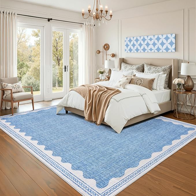 Garvee Modern Bordered Rugs for Living Room 8x10 Large Washable Rug Blue | Non Slip Low Pile Soft Carpet Foldable Non Shedding Stain Resistant Floor Cover for Bedroom Playroom Nursery Office Dorm