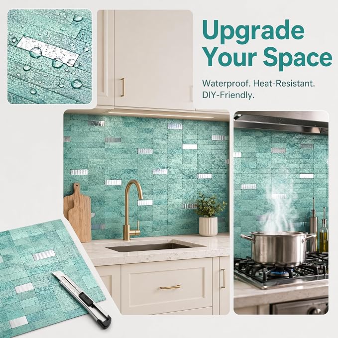 XUANINY Peel and Stick Tile Backsplash Self- Adhesive Wall Tiles Aluminum Mosaic Sticker for Kitchen (11.33"x11.92" Per Sheet, Pack of 10 pcs) (Clear Green 10)