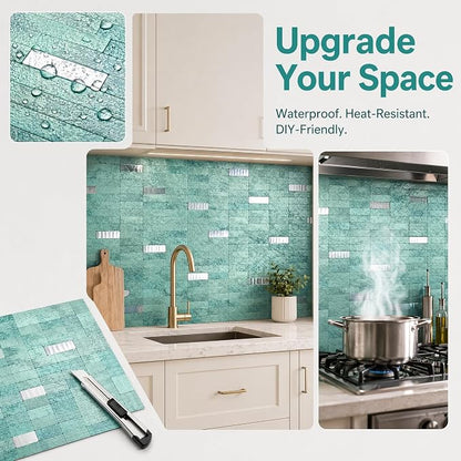 XUANINY Peel and Stick Tile Backsplash Self- Adhesive Wall Tiles Aluminum Mosaic Sticker for Kitchen (11.33"x11.92" Per Sheet, Pack of 5 pcs) (Clear Green 5)