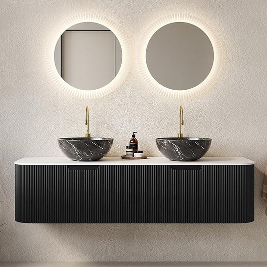 Yayzy 60" Floating Bathroom Vanity with Sink, Solid Wood Fluted Cabinet, White Marble-Patterned Ceramic Basin & Faux Marble Top, Soft-Close Drawer, Pre-Assembled, Gloss Black