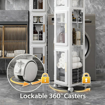 VECELO 4 Tier Tall Plastic Slim Storage Cabinet with Lockable Wheels, Adjustable Shelves, Anti-Tip for Bathroom, Living Room, Laundry Room, Kitchen, Narrow/Small Space, Easy Assembly, Clear