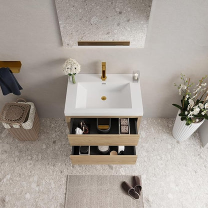Abruzzo 30" Natural Oak Wall-Mounted Bathroom Vanity with Sink – Stone Resin Countertop & Soft-Close Drawers, Waterproof Wood Cabinet for Small Bathrooms