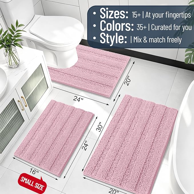 Smiry Thick Chenille Bathroom Runner Rugs 44x24, Soft Bath Mat, Dusty Rose | Quick‑Dry & Machine Washable, Non‑Slip Bath Carpet, Striped Bath Rugs for Tub & Shower, Modern Home Decor Accessories