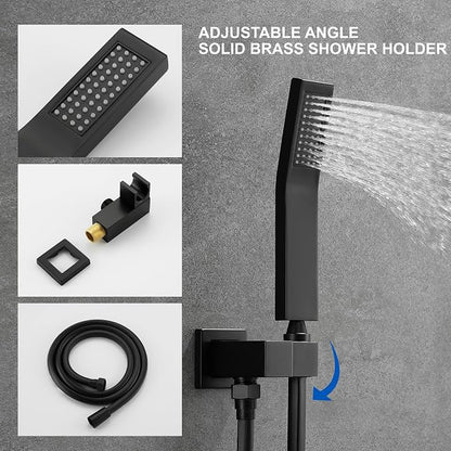 SHAMANDA Shower System with Waterfall Tub Spout and Handheld Shower Head, 10" Rain Shower Faucet Sets Complete with Shower Round-in Valve and Trim Wall Mount, Matte Black, L1010-7