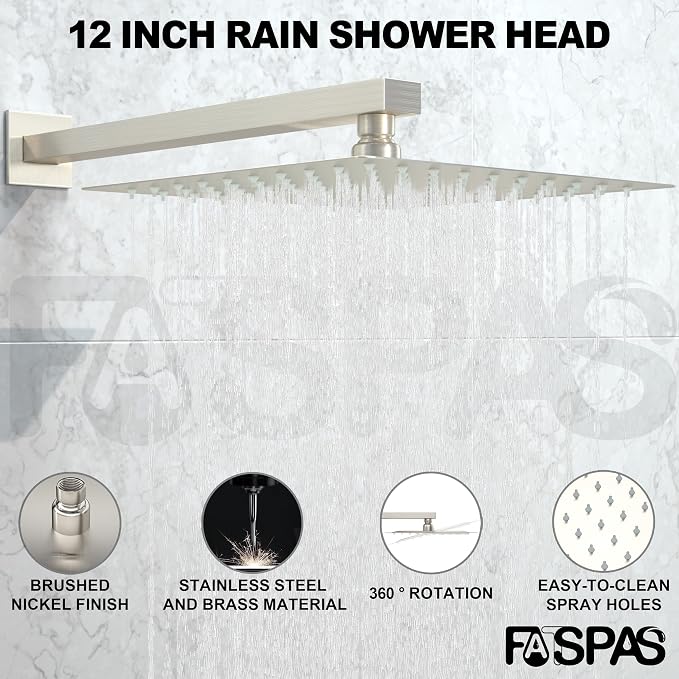 Shower System with 12-Inch Rain Head and Tub Spout | All-Metal Tub Shower Faucet Set, Wall Mounted Rain Showerhead, Handheld Spray, Includes Valve and Trim Kit, Brushed Nickel