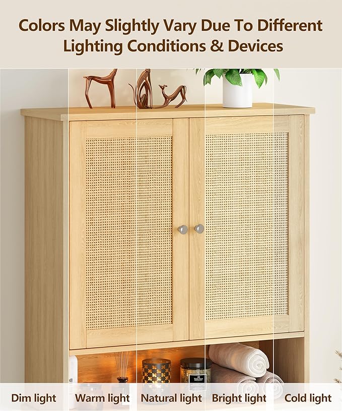 27.6" H Bathroom Wall Cabinet, Modern Medicine Cabinet with Adjustable Shelf & 2 Rattan Doors, Large Over The Toilet Storage Cabinet for Kitchen, Laundry, Living Room, Natural Oak