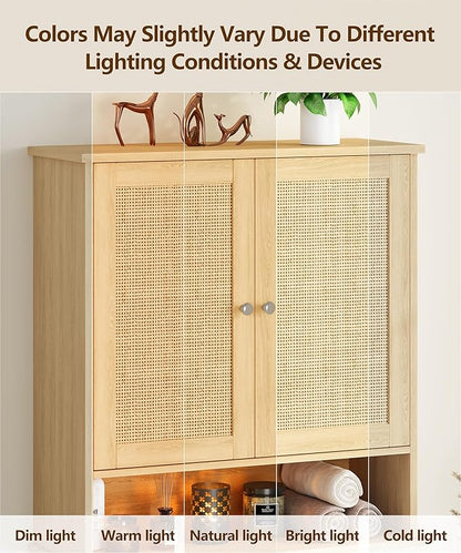 27.6" H Bathroom Wall Cabinet, Modern Medicine Cabinet with Adjustable Shelf & 2 Rattan Doors, Large Over The Toilet Storage Cabinet for Kitchen, Laundry, Living Room, Natural Oak