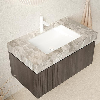 Ambrovina 36" Floating Bathroom Vanity with Sink, Modern Plywood Bathroom Storage Cabinet with Drawer and Door, Light Gray Sintered Stone Top and White Ceramic Basin, Pre-Assembled, Espresso Woodgrain