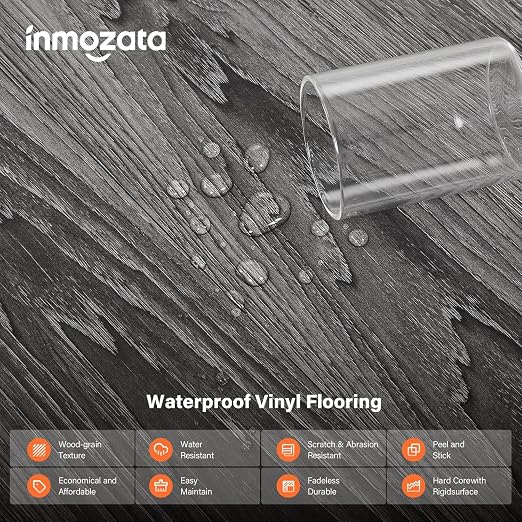 INMOZATA 36 Pack Peel and Stick Floor Tile Waterproof Vinyl Plank Flooring | 54 Sq.Ft, Heat-resistant, Wood Grain Self Adhesive Flooring for DIY Bedroom Living Room Bathroom Kitchen (Deep Gray)
