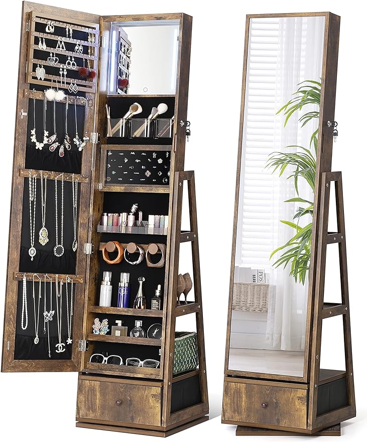 Nicetree 360° Swivel Jewelry Cabinet with Lights, Full Length Mirror | Standing Led Mirror Jewelry Cabinet, Lockable Mirror with Storage, Interior Mirror, Shelves, Flip-over Shelf, Rustic Brown