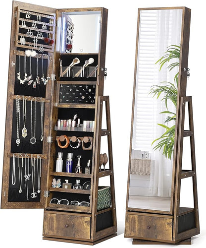 Nicetree 360° Swivel Jewelry Cabinet with Lights, Full Length Mirror | Standing Led Mirror Jewelry Cabinet, Lockable Mirror with Storage, Interior Mirror, Shelves, Flip-over Shelf, Rustic Brown