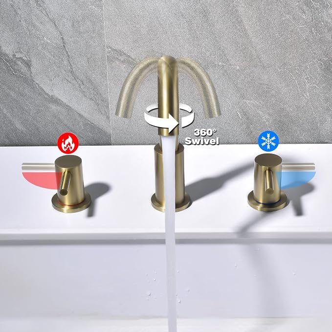 Brushed Gold Bathroom Faucet 3 Hole, 8 in Gold Widespread Bathroom Sink Faucet with Pop Up Drain and Supply Lines, Stainless Steel 2 Handle Gold Sink Faucet for Bathroom Vanity