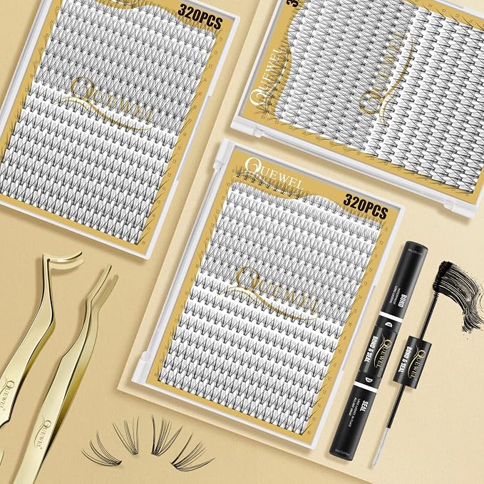 QUEWEL Lash Clusters 320Pcs 10D+20D C Curl Lash Cluster Eyelash Extensions | Cluster Lashes Mix12-18mm Individual Eyelashes Clusters Wispy Lash Clusters Thin Band Soft to Use at Home(10D+20D C Mix12-18)