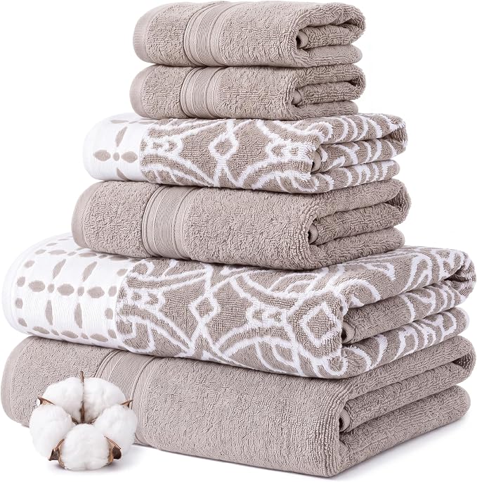 Modern Threads Monroe 6-Piece 100% Cotton Towel Set – Reversible Yarn Dyed Jacquard & Solid – Includes 2 Bath Towels, 2 Hand Towels, 2 Washcloths – Absorbent, Quick Dry, Soft & Durable – Light Brown