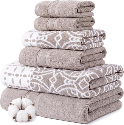 Modern Threads Monroe 6-Piece 100% Cotton Towel Set – Reversible Yarn Dyed Jacquard & Solid – Includes 2 Bath Towels, 2 Hand Towels, 2 Washcloths – Absorbent, Quick Dry, Soft & Durable – Light Brown