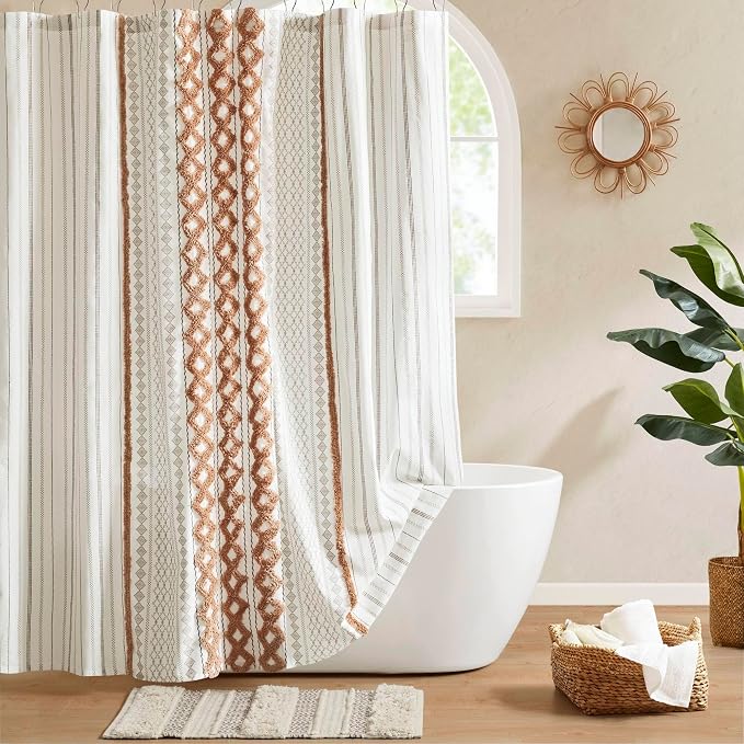 INK+IVY 100% Cotton Tufted Shower Curtain for Bathroom, Rose Clay, 72 x 72 | Machine Washable, Boho Tufted Chenille Modern Home Bathroom Decor, Bathtub Privacy Screen, OEKO-TEX Certified