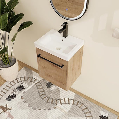 Malwee 18" Floating Bathroom Vanity with Sink, 18 inch Modern Brown Wall Mounted Bathroom Cabinet Combo for Small Space, Narrow Bath Wall-Hung Vanity Set with 1 Ceramic Basin and 1 Door(18imo)