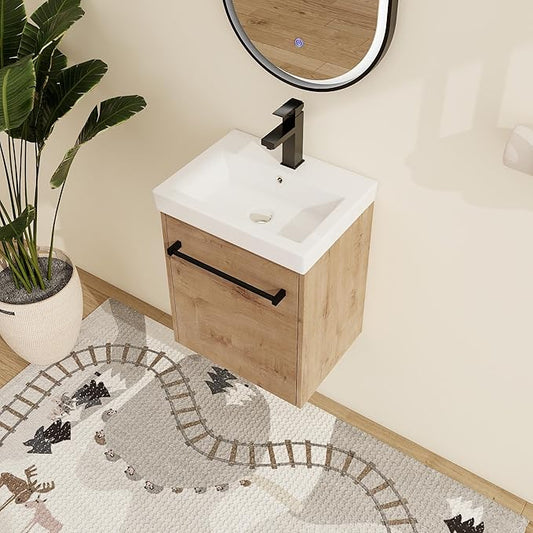 Malwee 18" Floating Bathroom Vanity with Sink, 18 inch Modern Brown Wall Mounted Bathroom Cabinet Combo for Small Space, Narrow Bath Wall-Hung Vanity Set with 1 Ceramic Basin and 1 Door(18imo)
