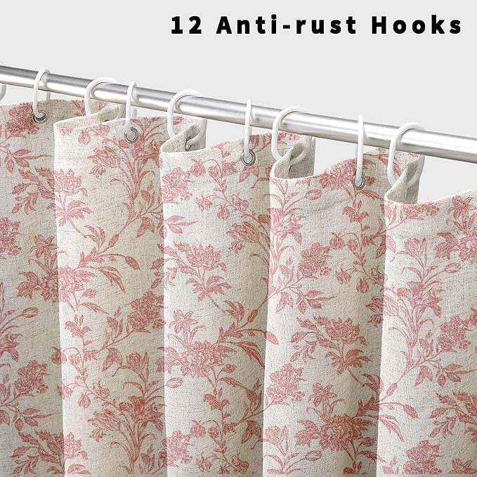 WOUVMA Pink Shower Curtain Floral Cotton Linen Cottagecore Shower Curtain for Bathroom 72" W x 72" L