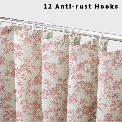 WOUVMA Pink Shower Curtain Floral Cotton Linen Cottagecore Shower Curtain for Bathroom 72" W x 72" L