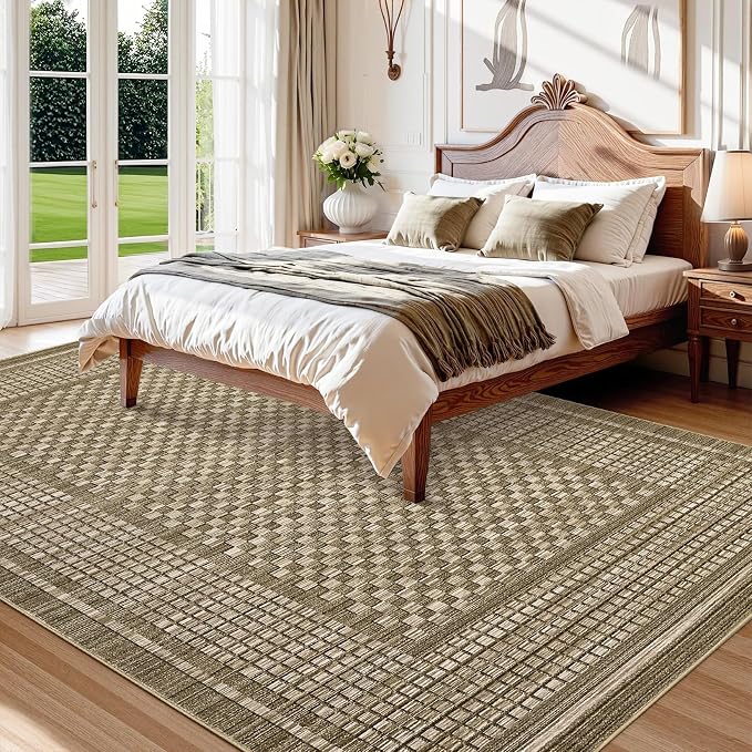 Modern Rug 8x10 Area Rugs for Living Room Washable Bedroom Rug Geometric Checkered Large Area Rug Soft Non Slip Throw Rugs Low Pile Stain Resistant Carpet for Office Dining Room 8'x10' Brown