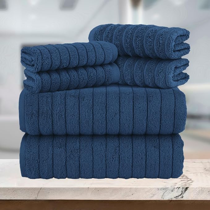 Elegant Comfort 100% Turkish Cotton Corduroy Ribbed Luxury Bath Towels 6-Piece Set, Premium Feel - Quick Dry, Highly Absorbent, Contains 2 Bath Towels, 2 Hand Towels, and 2 Washcloths, Navy