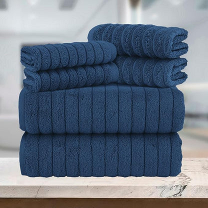Elegant Comfort 100% Turkish Cotton Corduroy Ribbed Luxury Bath Towels 6-Piece Set, Premium Feel - Quick Dry, Highly Absorbent, Contains 2 Bath Towels, 2 Hand Towels, and 2 Washcloths, Navy