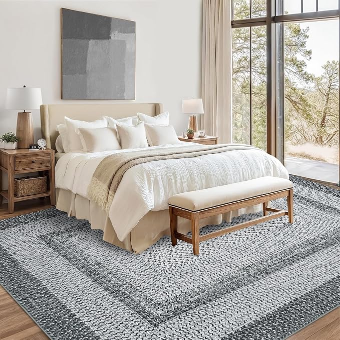 Washable Area Rug 6x9 Rug for Living Room Modern Area Rug for Bedroom Decor Grey Rug Geometric Area Rugs Bordered Non Slip Throw Rugs Stain Resistant Carpet for Nursery Dining Room 6'x9' Grey