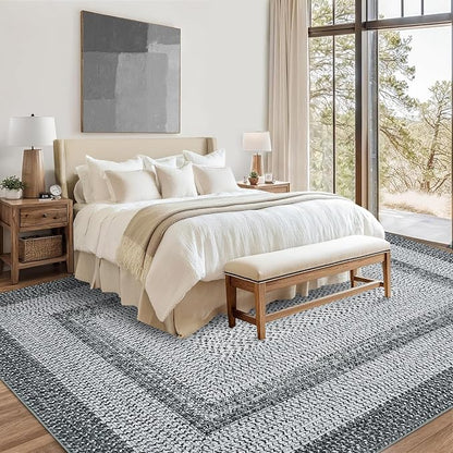 Washable Area Rug 10x13 Rug for Living Room Modern Rugs for Bedroom Grey Rug Imitation Braided Large Area Rug Non Slip Throw Rugs Stain Resistant Carpet for Nursery Dining Room 10'x13' Grey