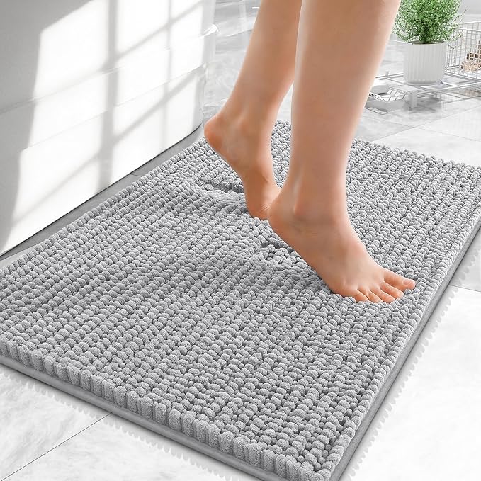 OLANLY Thick Chenille Small Bathroom Rugs Mats 24x16, Light Grey | Soft Absorbent Bath Rugs, Rubber Backing, Machine Wash Dry, Bath Mats for Bathroom, Tub and Shower, Home Decor Accessories