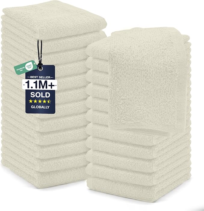 DAN RIVER 24 Pack Cotton Wash Cloths Set for Showering [12x12] Ivory | Lighter Weight, Quick to Dry, Super Soft & Absorbent Face Towels, Hotel Quality, Perfect for Bathroom, Gym, Spa