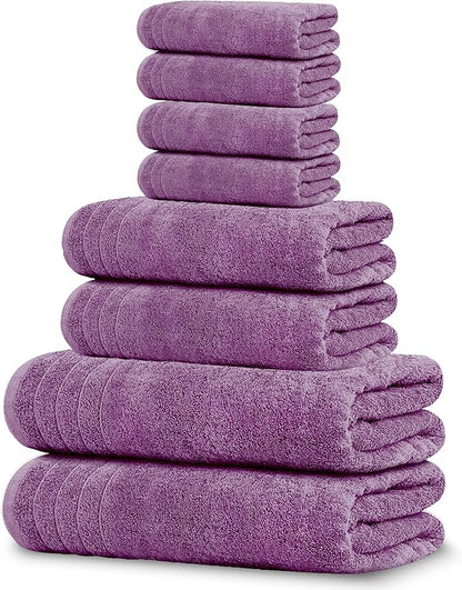Tens Towels Pack of 8 Towels Set, 2 Extra Large Bath, 2 Hand, 4 Washcloths, 100% Cotton, Lighter Weight, Quicker to Dry, Super Absorbent, Perfect for Bathroom, Purple