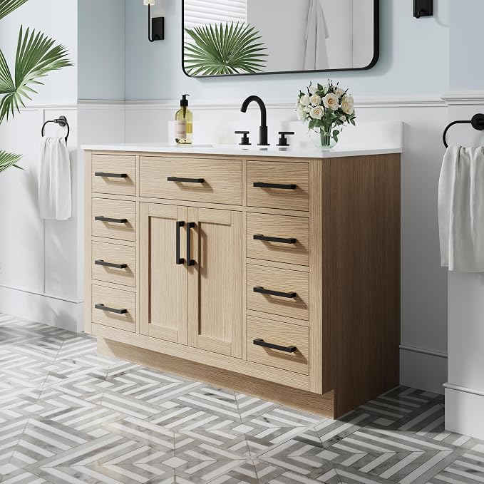 48-Inch Bathroom Vanity with Sink W/ 2 Doors & 8 Drawers & 1 Flip Drawer, Oak Vanity W/Matte Black Handles