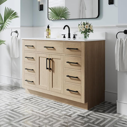48-Inch Bathroom Vanity with Sink W/ 2 Doors & 8 Drawers & 1 Flip Drawer, Oak Vanity W/Matte Black Handles