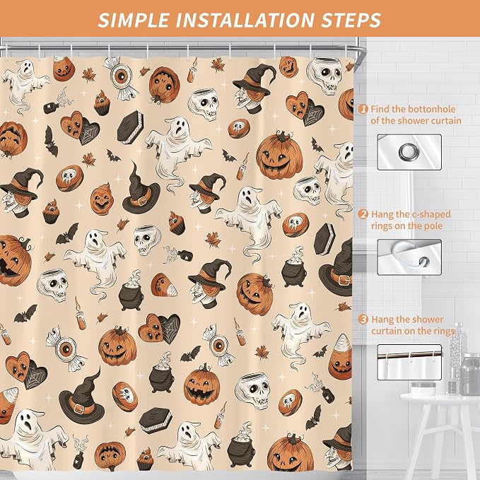Halloween Cute Skull Ghost Shower Curtain for Bathroom 72W*72H Inch Gothic Witch Scary Magic Horror Pumpkin Bathtub Alchemy Witchcraft Decor Waterproof Polyester Fabric Set with 12 Hooks
