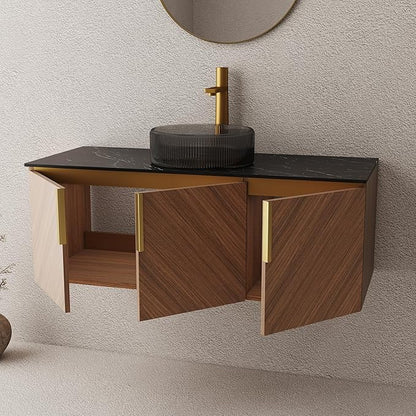 LKTART 48 Inch Bathroom Vanity with Sink, Modern Wall Mounted Bathroom Sink with 3 Doors, Black Sintered Stone Countertop and Black Round Glass Basin, Brown
