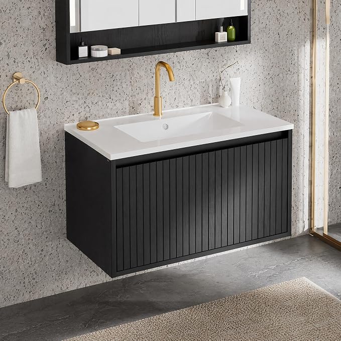 30 Inch Floating Bathroom Vanity with Ceramic Sink, Modern Striped Wall Mount Vanity Cabinet with Compartmentalized Storage Drawer, Black