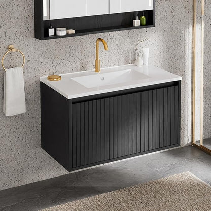 30 Inch Floating Bathroom Vanity with Ceramic Sink, Modern Striped Wall Mount Vanity Cabinet with Compartmentalized Storage Drawer, Black