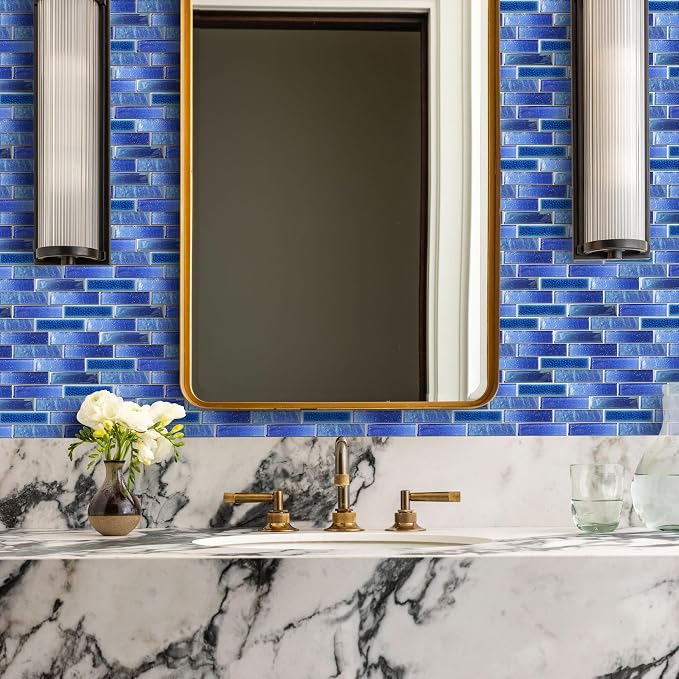 Blue Glass Porcelain Tile Box of 5 Square Feet Iridescent Starry Sky Backsplash Tile for Swimming Pool Kitchen Bathroom TSTNB18 (5 Square Feet)