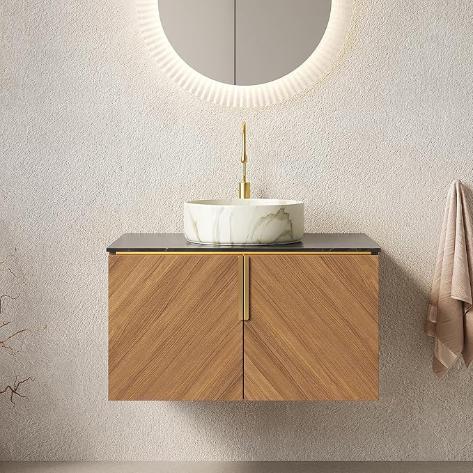 30" Floating Bathroom Vanity with Sink Combo, Modern Vanity with Vessel Sink, Wall-Mounted Bathroom Cabinet with Doors, Black Countertop and Ceramic Basin with Stone Pattern,Brown Oak