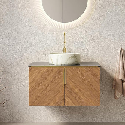30" Floating Bathroom Vanity with Sink Combo, Modern Vanity with Vessel Sink, Wall-Mounted Bathroom Cabinet with Doors, Black Countertop and Ceramic Basin with Stone Pattern,Brown Oak