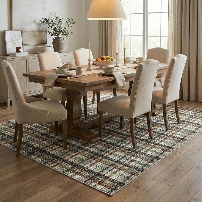 Living Area Rug 6 x 9 Washable Modern Farmhouse Non Slip Throw Rugs Large Bedroom Rug Low Pile Soft Stain Resistant Carpet for Dining Room Nursery Office 6'x9' Celadon&Coffee