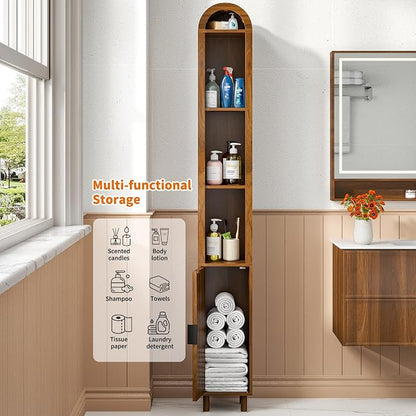 Narrow Bathroom Storage Cabinet, Tall Arched Small Wood Cabinet, Slim | Skinny Mid Century Modern Towel Cabinet, Fluted Doors, 4 Tier Shelves, Wooden Display Cabinet for Living Dining Room, Walnut