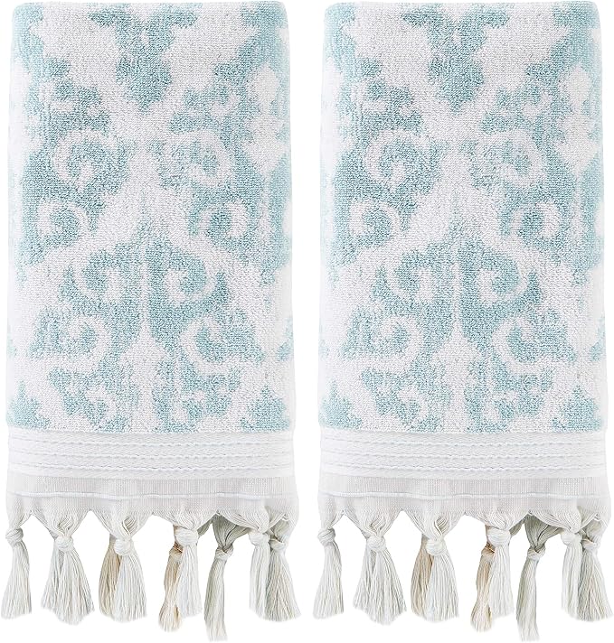 SKL Home Mirage Fringe Hand Towel Set-2pc, 100% Turkish Cotton, Aqua | 640 GSM weight. Spa-level quality. Soft & absorbent, reversible jacquard. For the bathroom, kitchen, bar or any sink space.