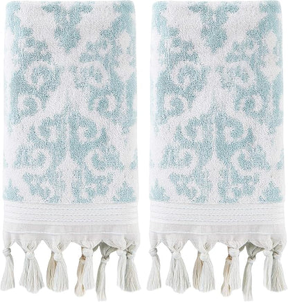SKL Home Mirage Fringe Hand Towel Set-2pc, 100% Turkish Cotton, Aqua | 640 GSM weight. Spa-level quality. Soft & absorbent, reversible jacquard. For the bathroom, kitchen, bar or any sink space.