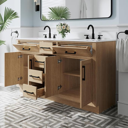 60-Inch Bathroom Vanity with Double Sinks W/ 4 Doors & 4 Drawers & 2 Flip Drawers, Oak Vanity W/Matte Black Handles